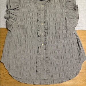 DKNY Textured Brown/Cream Plaid Blouse with Ruffle Accents and Gold Tone Buttons